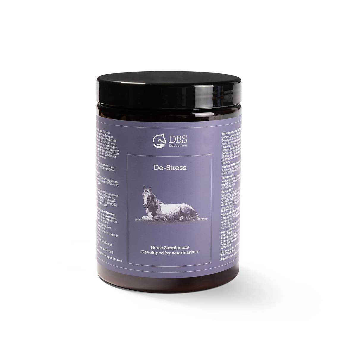 Picture of a horse supplement called De-Stress (for anxious and stressed horses)