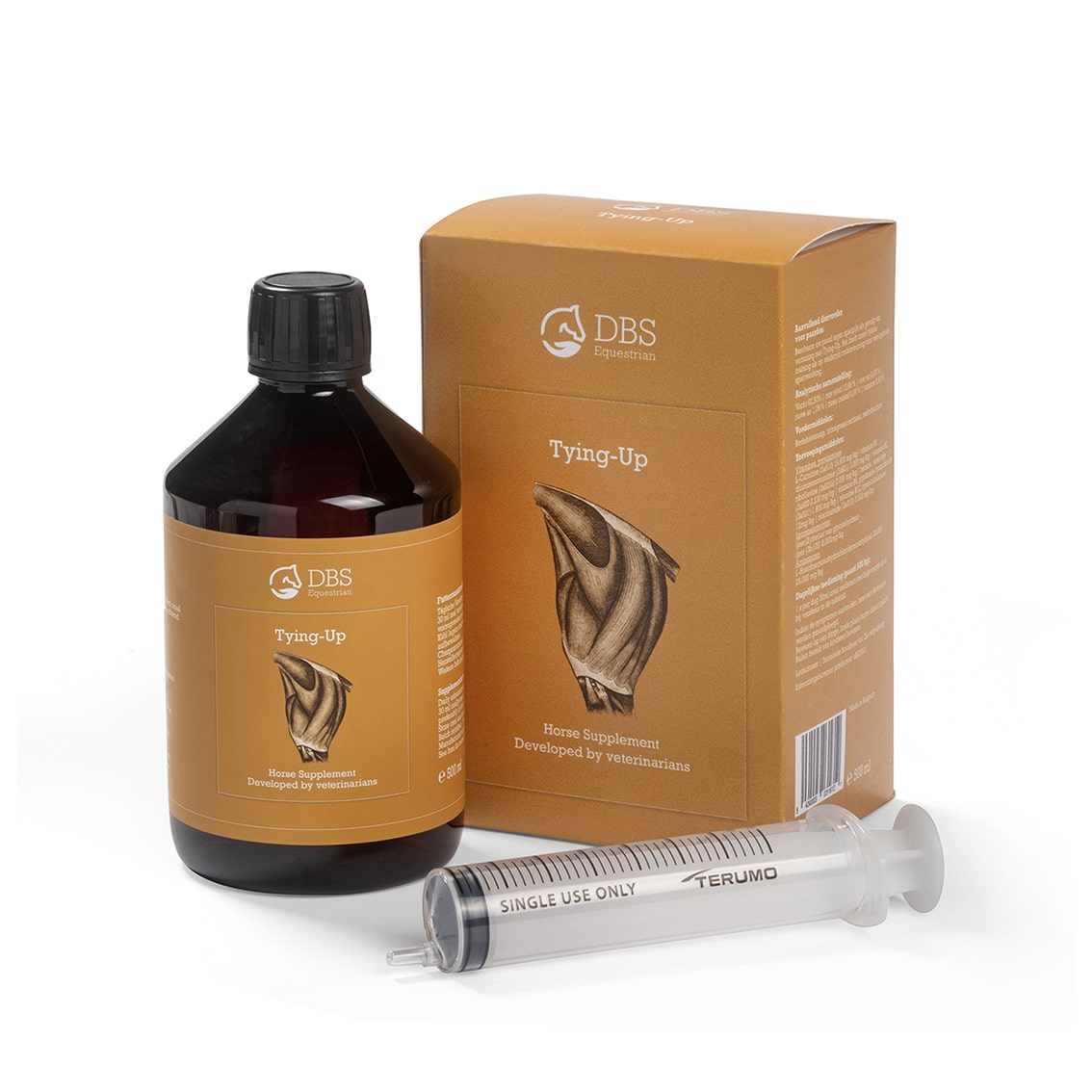 Picture of a horse supplement called Tying-Up. This product prevents muscle acidification in horses. This pictures shows the 500ml bottle and the box it's packed in plus an empty syringe.